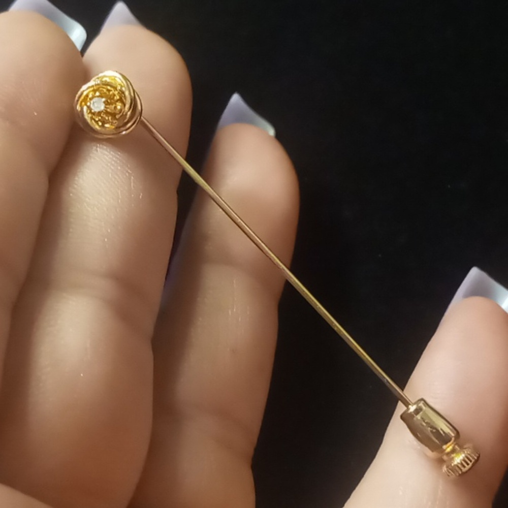 Men's vintage knot lapel pin tie pin gold  plated CZ centerpieces .
